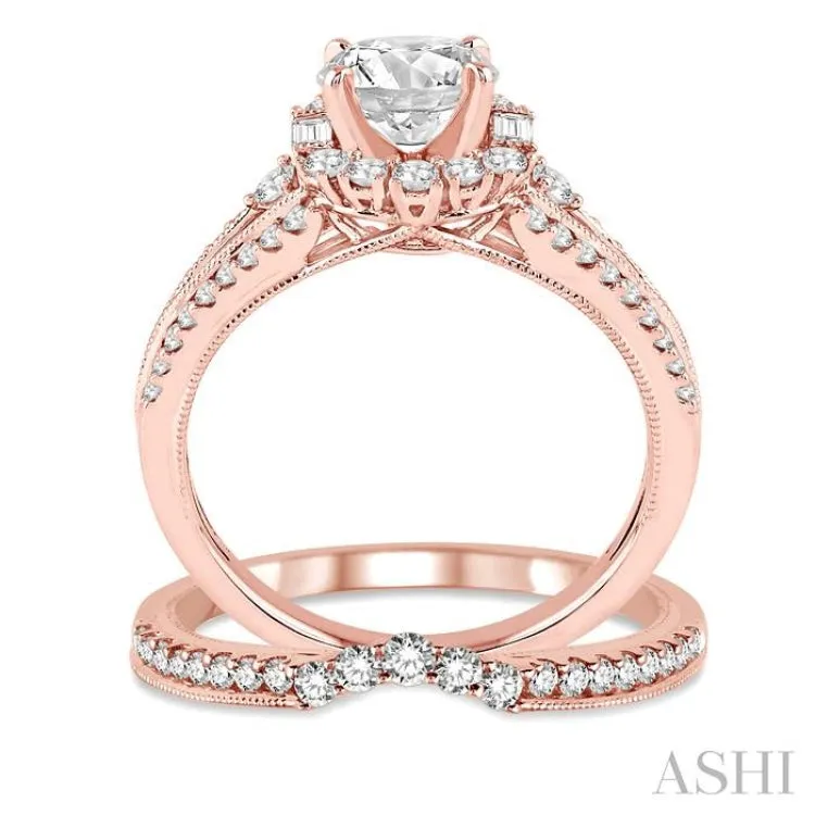 1 1/2 Ctw Diamond Wedding Set with 1 1/3 Ctw Round Cut Engagement Ring and 1/4 Ctw Wedding Band in 14K Rose Gold