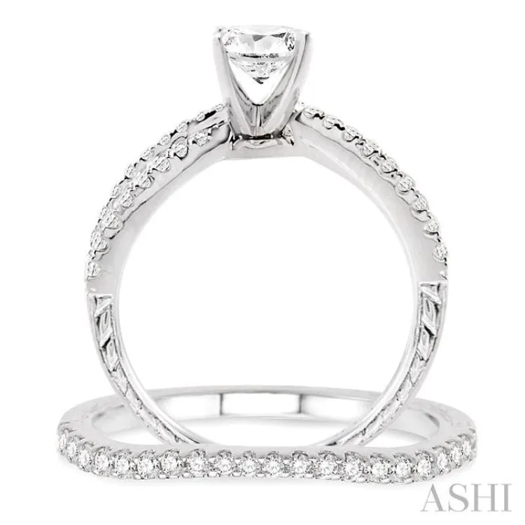 1 1/5 Ctw Diamond Wedding Set with 1 Ctw Round Cut Engagement Ring and 1/5 Ctw Wedding Band in 14K White Gold