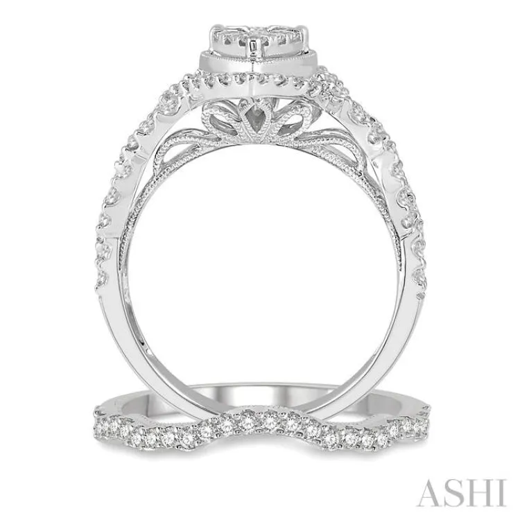 1 1/5 ctw Lovebright Round Diamond Wedding Set With 1 ctw Pear Shape Twisted Shank Engagement Ring and 1/5 ctw Wedding Band in 14K White Gold