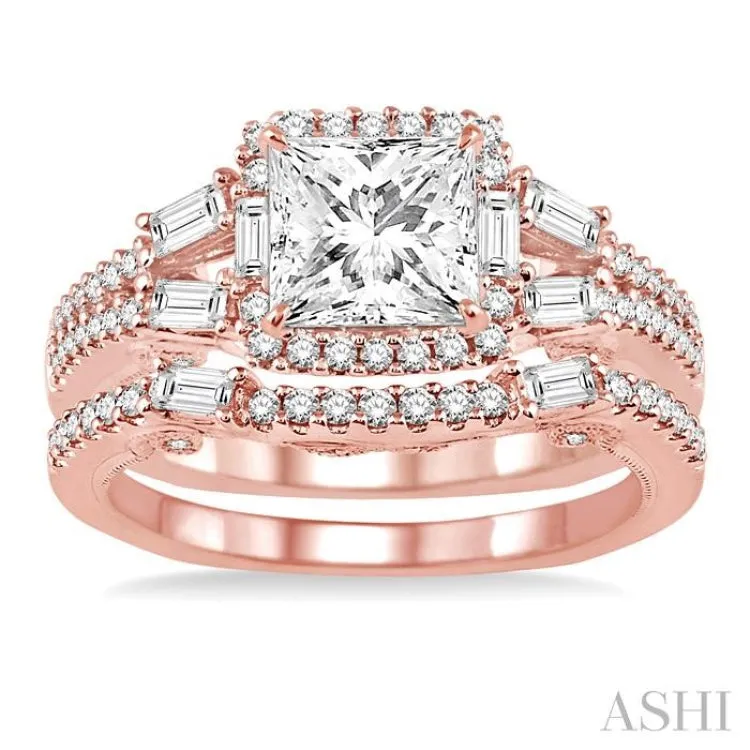 1 3/8 Ctw Diamond Wedding Set with 1 1/6 Ctw Princess Cut Engagement Ring and 1/4 Ctw Wedding Band in 14K Rose Gold