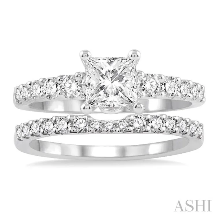 1 Ctw Diamond Wedding Set with 3/4 Ctw Princess Cut Engagement Ring and 1/5 Ctw Wedding Band in 14K White Gold