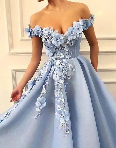 A Line Blue Off the Shoulder Tulle Lace Sweetheart 3D Flowers Prom Dresses,Formal Dress,BS016