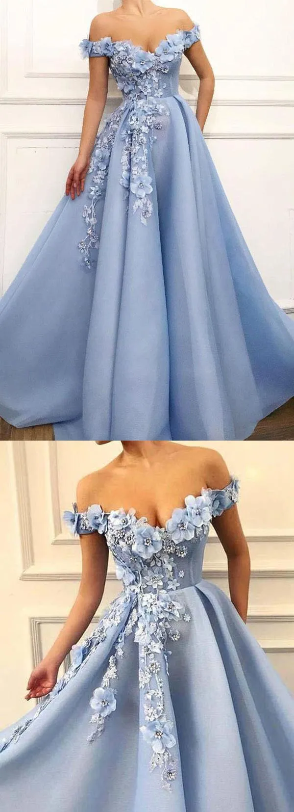 A Line Blue Off the Shoulder Tulle Lace Sweetheart 3D Flowers Prom Dresses,Formal Dress,BS016