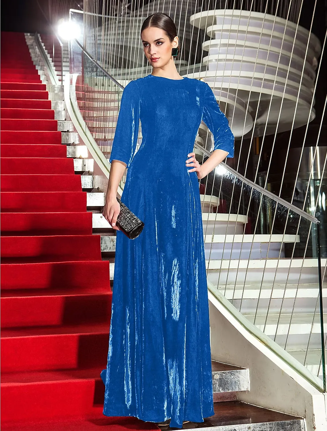 A-Line Celebrity Style Dress Wedding Guest Floor Length 3/4 Length Sleeve Jewel Neck Velvet with Pleats