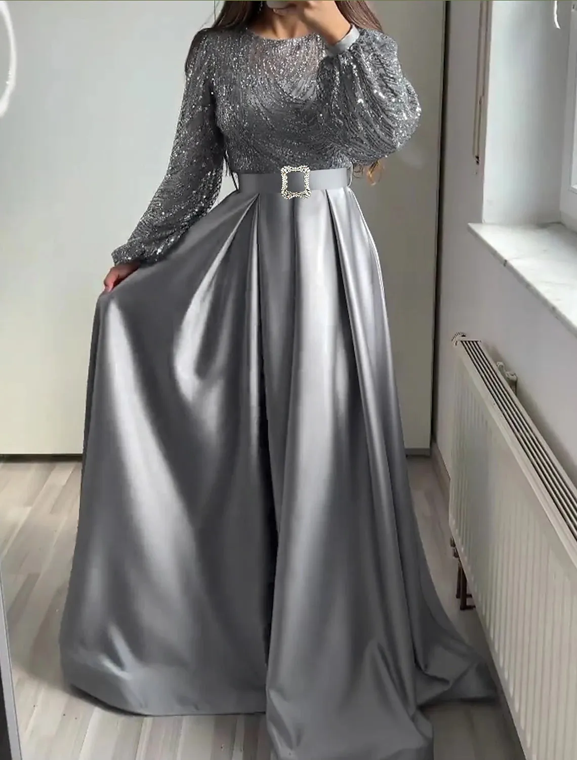 A-Line Evening Gown Glittering Dress Wedding Black Tie Floor Length Long Sleeve Jewel Neck Fall Wedding Guest Satin with Sequin