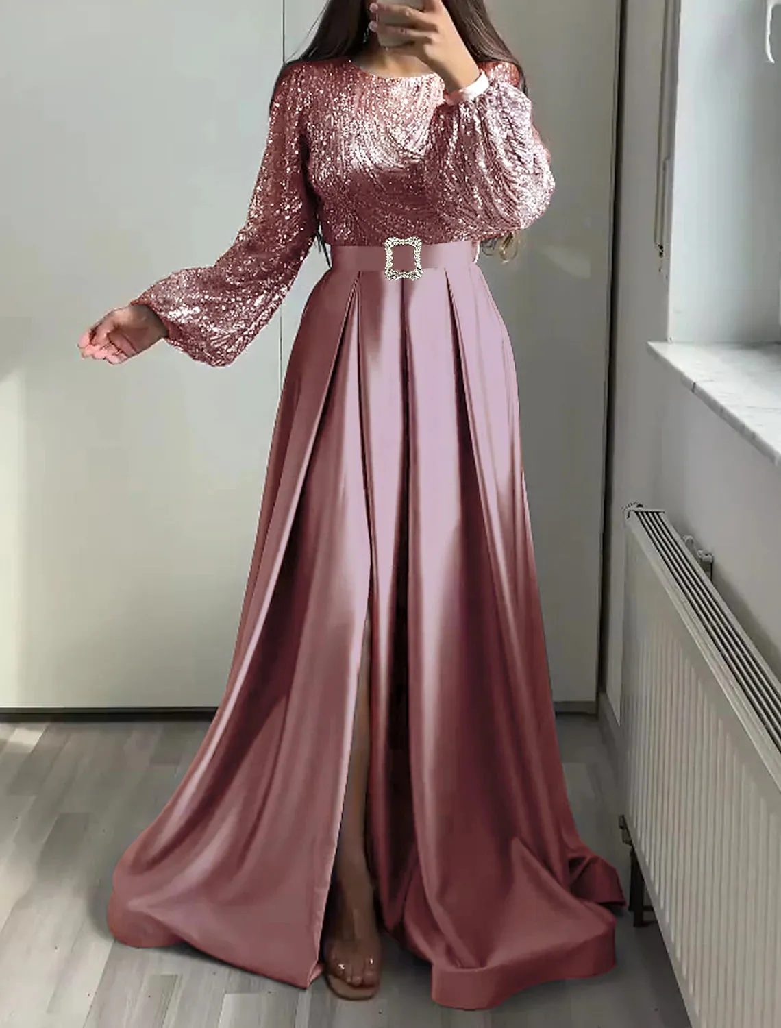 A-Line Evening Gown Glittering Dress Wedding Black Tie Floor Length Long Sleeve Jewel Neck Fall Wedding Guest Satin with Sequin