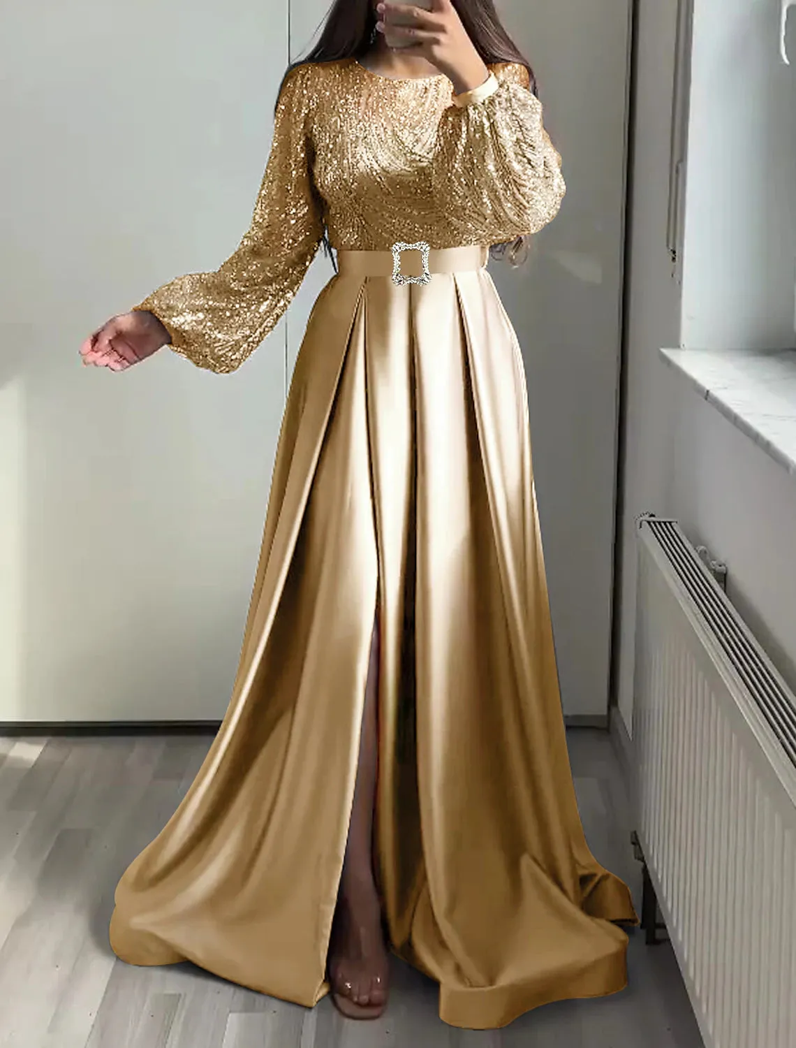 A-Line Evening Gown Glittering Dress Wedding Black Tie Floor Length Long Sleeve Jewel Neck Fall Wedding Guest Satin with Sequin