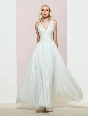 A-Line Evening Gown Open Back Dress Wedding Party Floor Length Sleeveless V Neck Chiffon with Appliques