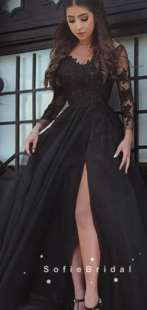 A-Line Long Sleeves Black Tulle Split Side Prom Dresses With Lace,SFPD0043