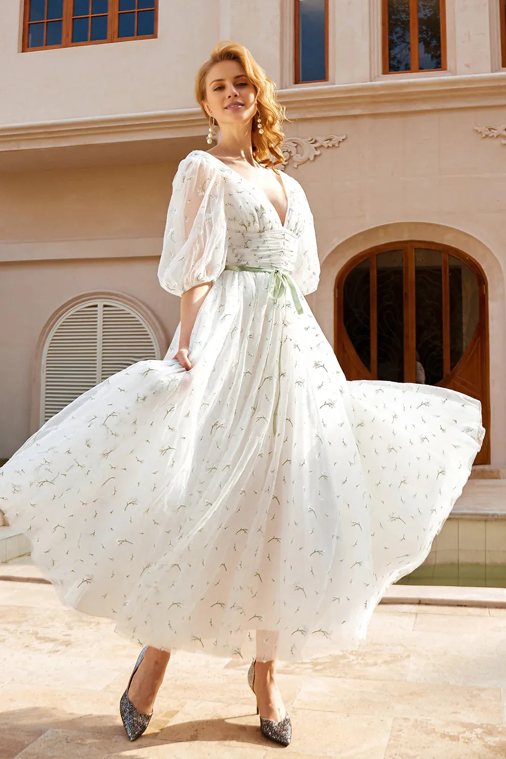 A-Line Print Lovely Tulle Midi V-neck Wedding Dress