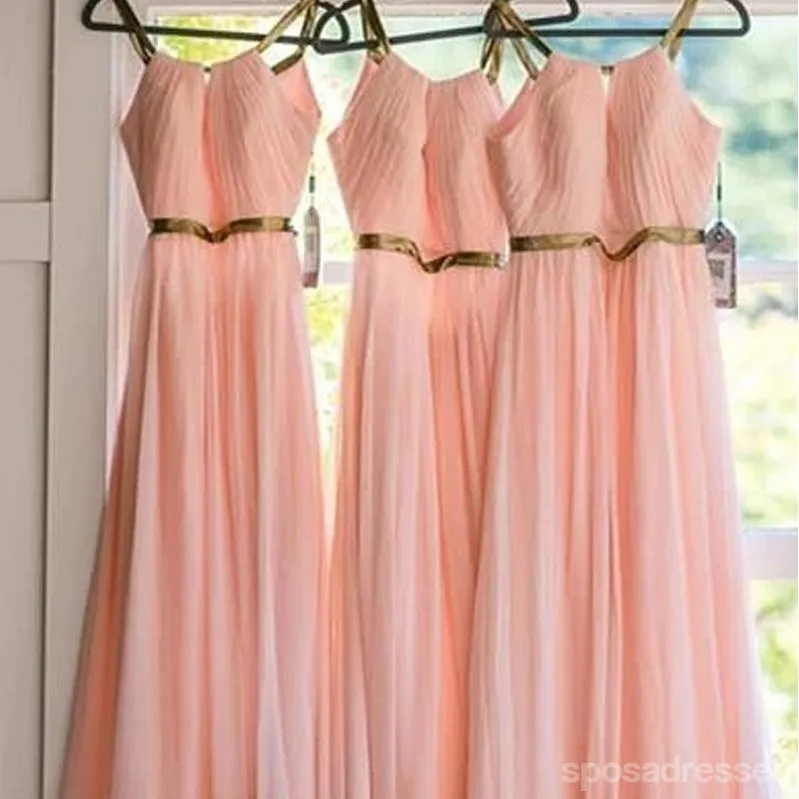 A-line Ruffle Sleeveless Pink Chiffon Long Bridesmaid Dresses Online, WG804