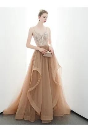 A-Line Spaghetti Straps Tulle Long Appliques Prom Dresses Formal Evening Dress,JL20125