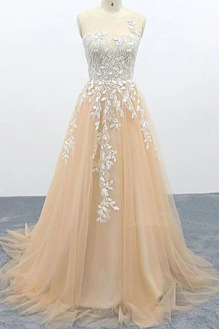 A Line Tulle Lace Appliques Sweep Train Evening Dress Senior Prom Dress,JL20121