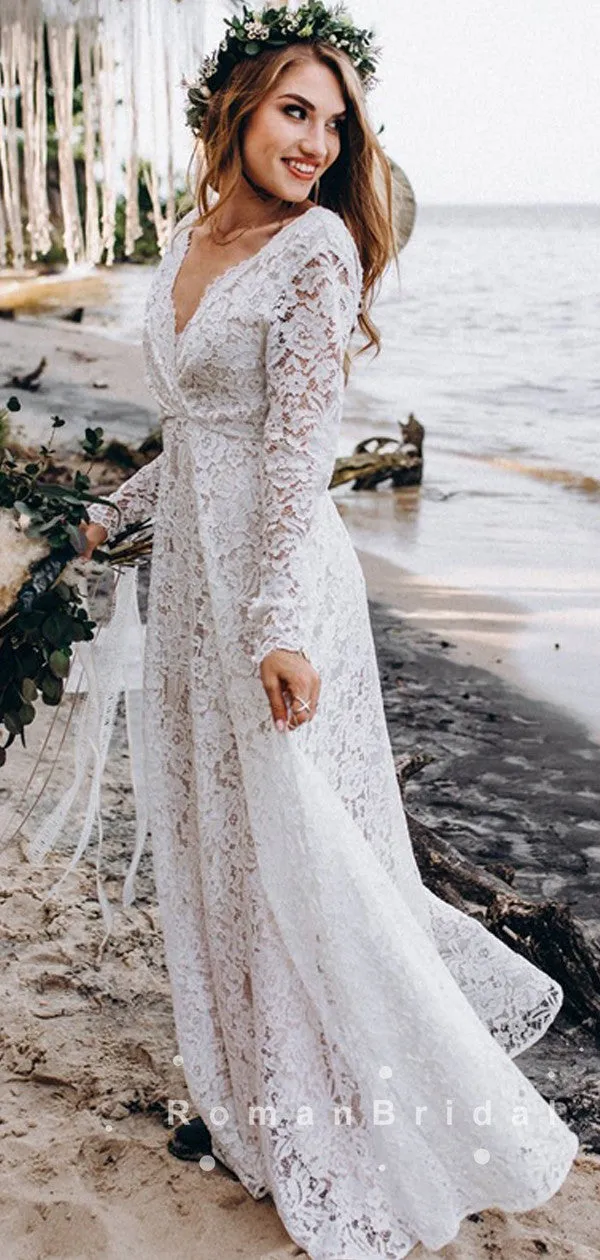 A-Line V-Neck Long Sleeves Lace Floor Length Wedding Dresses,RBWD0005