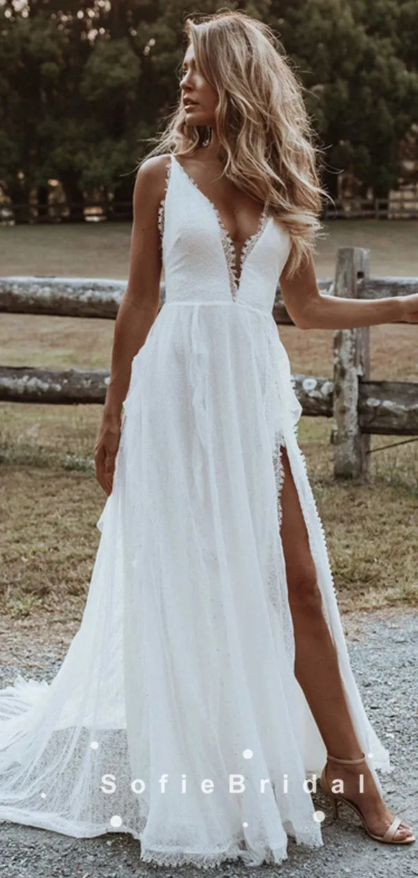 A-Line V-Neck Spaghetti Straps Lace Long Beach Wedding Dresses With Slit,SFWD0018