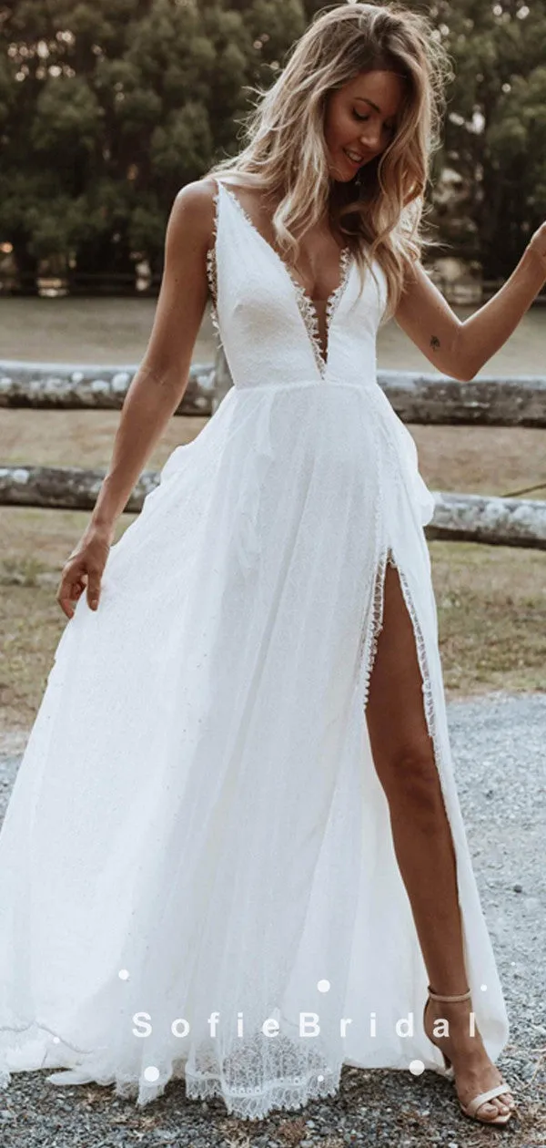 A-Line V-Neck Spaghetti Straps Lace Long Beach Wedding Dresses With Slit,SFWD0018