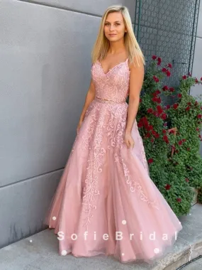 A-Line V-Neck Spaghetti Straps Two Pieces Tulle Long Prom Dresses With Lace,SFPD0031