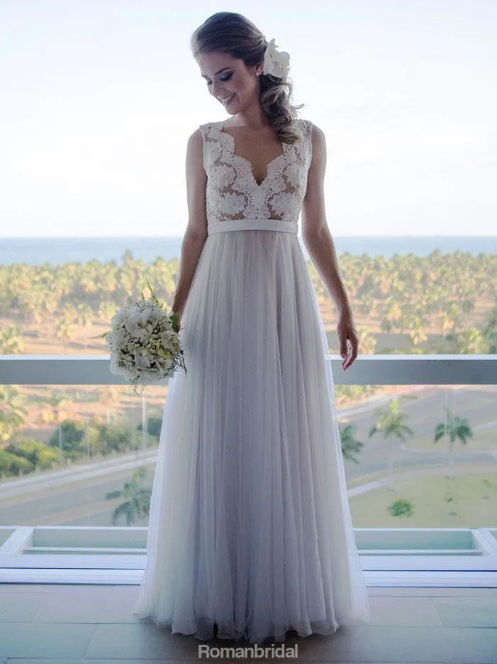 A line V-neck Vintage Lace Top Sleeveless Tulle Skirt Beach Wedding Dresses, WD0423