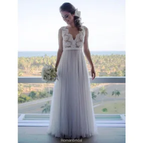 A line V-neck Vintage Lace Top Sleeveless Tulle Skirt Beach Wedding Dresses, WD0423