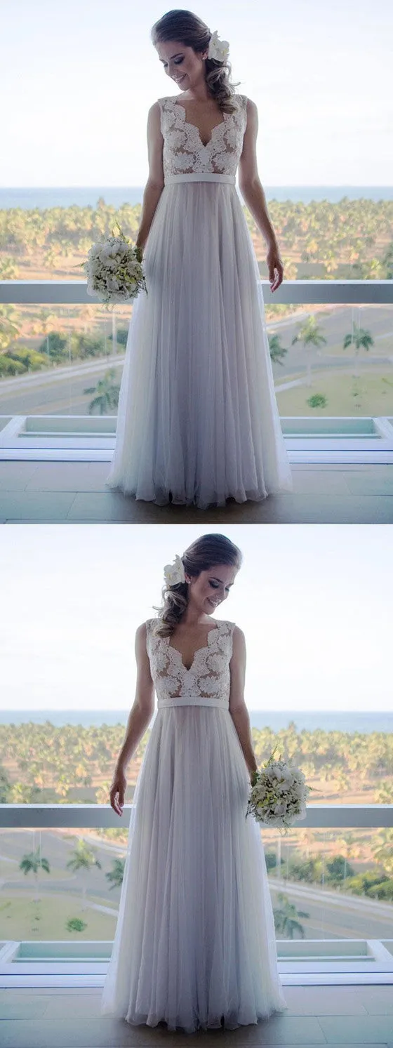 A line V-neck Vintage Lace Top Sleeveless Tulle Skirt Beach Wedding Dresses, WD0423