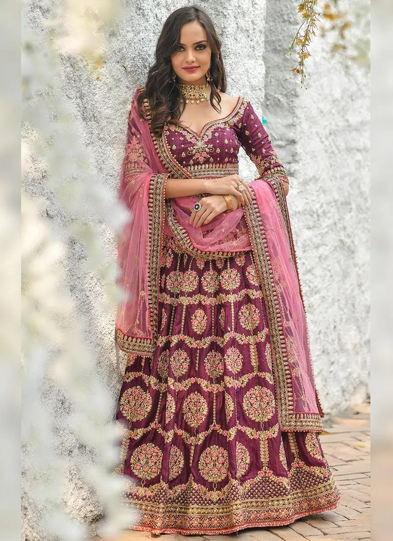 Admirable Wine Colored Silk Base Resham And Zari Work Lehenga Choli