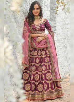 Admirable Wine Colored Silk Base Resham And Zari Work Lehenga Choli