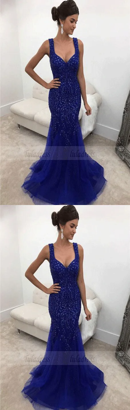 Backless Long Crystal Beaded Mermaid Prom Dress,BD98515