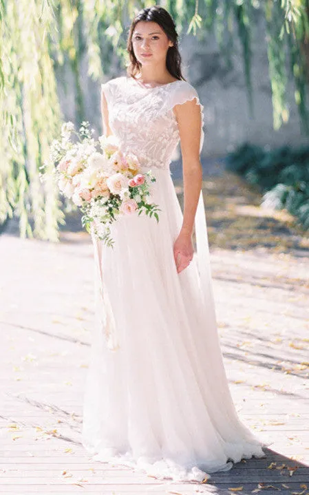 Beach Floral Lace Ethereal Voluminous Tulle Cape-Like Sleeves Button Back A-Line Bateau Maxi Wedding Dress