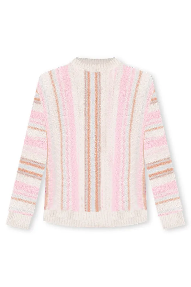 Best Efforts Pink And Brown Wide Neck Fuzzy Striped Sweater FINAL SALE