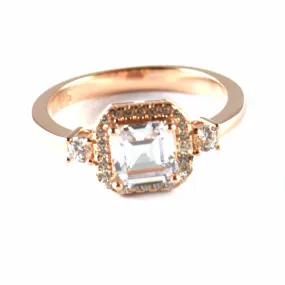 Big square & small CZ silver wedding ring with pink gold plating