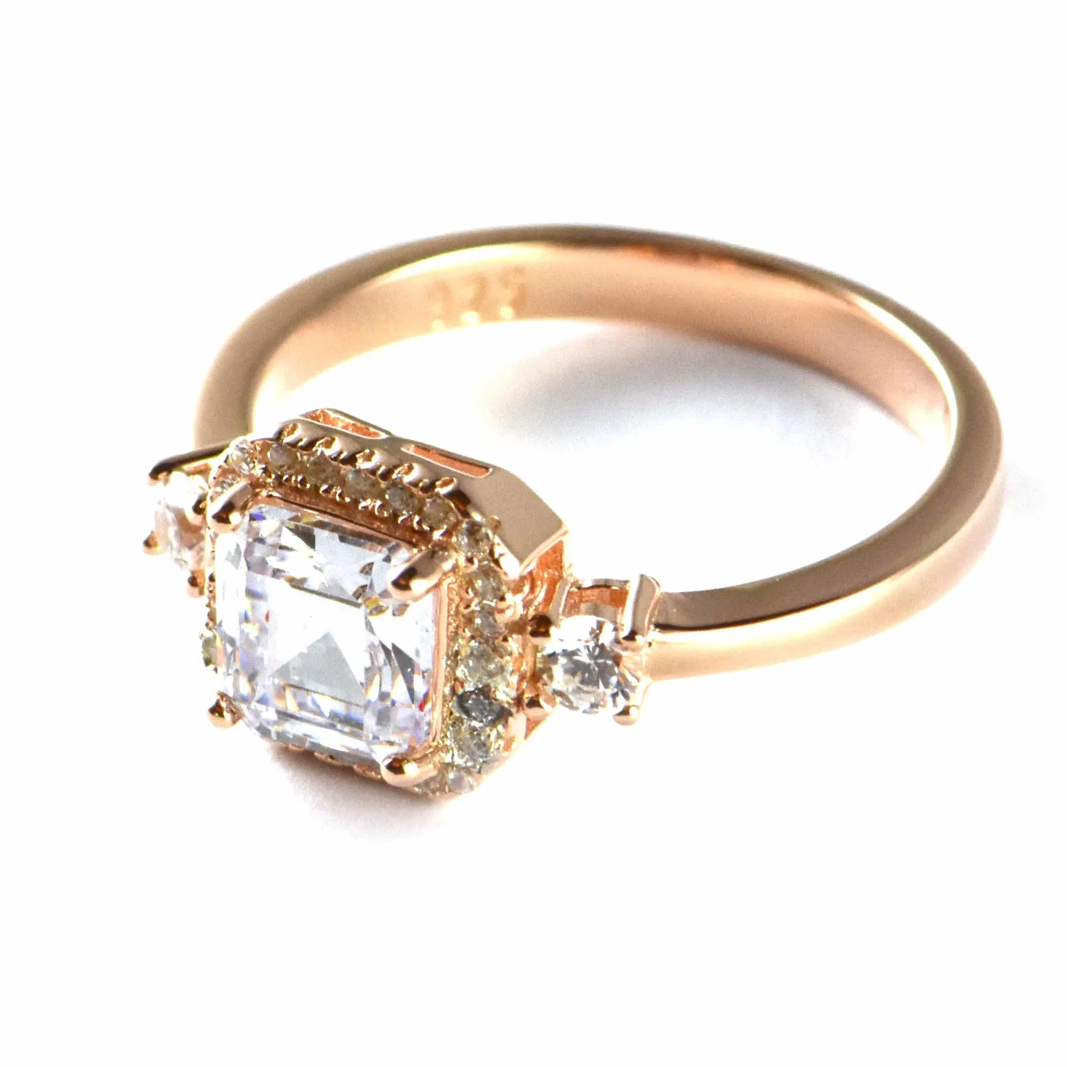 Big square & small CZ silver wedding ring with pink gold plating