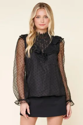 BLACK CORDELIA SWISS DOT HIGH NECK LACE BLOUSE