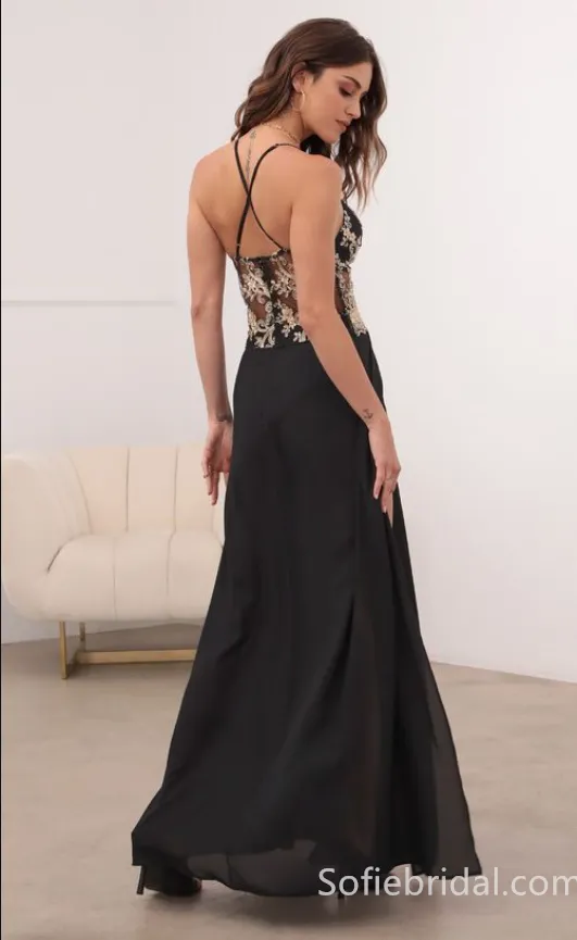 Black Spaghetti Straps V-Neck Side Slit A-Line Long Prom Dress,SFPD0204