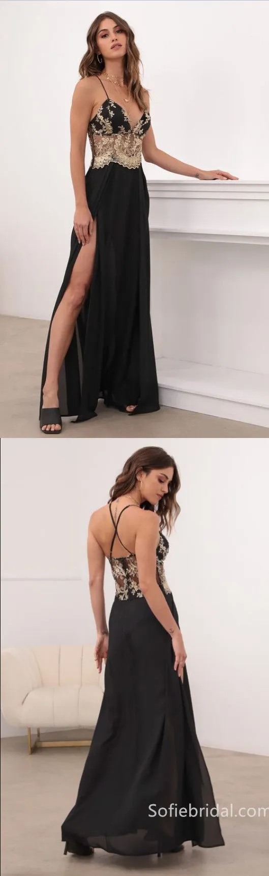 Black Spaghetti Straps V-Neck Side Slit A-Line Long Prom Dress,SFPD0204