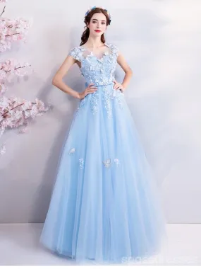 Blue A-line Short Sleeves Jewel Long Prom Dresses Online, Dance Dresses,12798