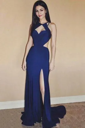 Blue Backless Chiffon Long Evening Dress with Slit,Long Prom Dress, M171