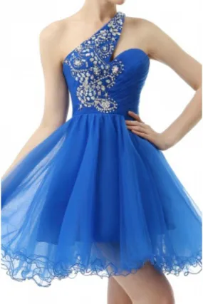 Blue One Shoulder Homecoming Dress with Beading, Straps Short Prom Dress, SH223