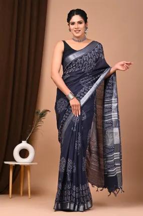 Blue Pure Linen Saree