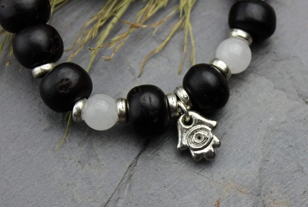 Bodhi Seed and Snow Quartz Hamsa Wrist Mala