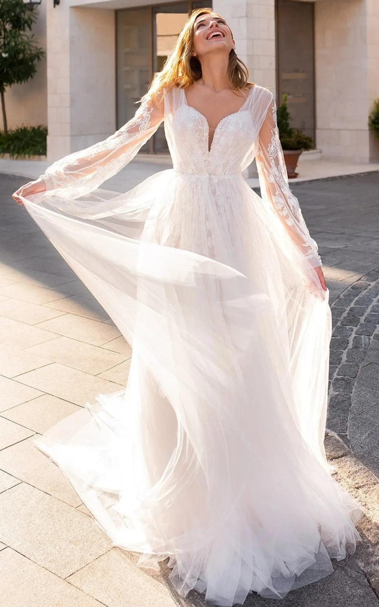 Bohemian A Line Plunging Neckline Tulle Wedding Dress with Appliques-716391