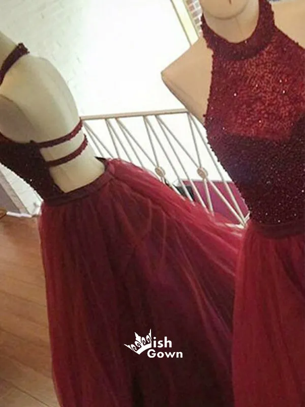 Burgundy A-line Tulle Sparkly Sequins Halter Top Long Wedding Party Prom Dress, WGP092