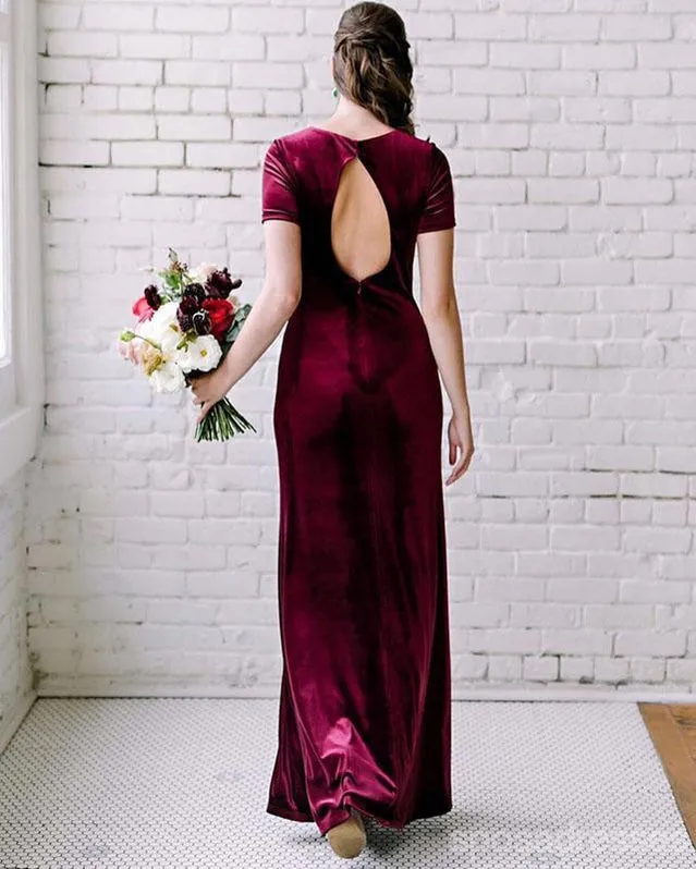 Burgundy Mermaid Short Sleeves Open Back Long Bridesmaid Dresses Online, WG1149