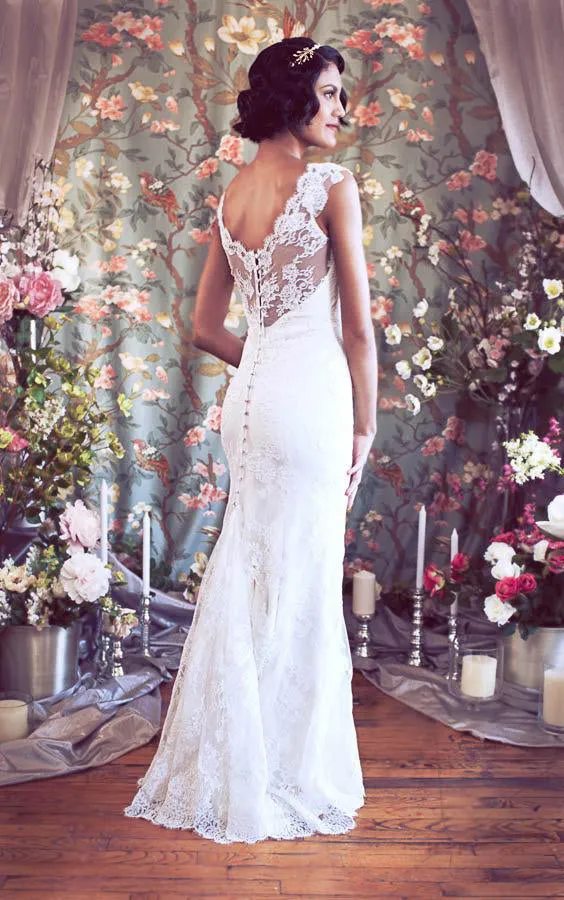 Cap Sleeves Mermaid Lace Wedding Gown With V-Neckline-ET_710975