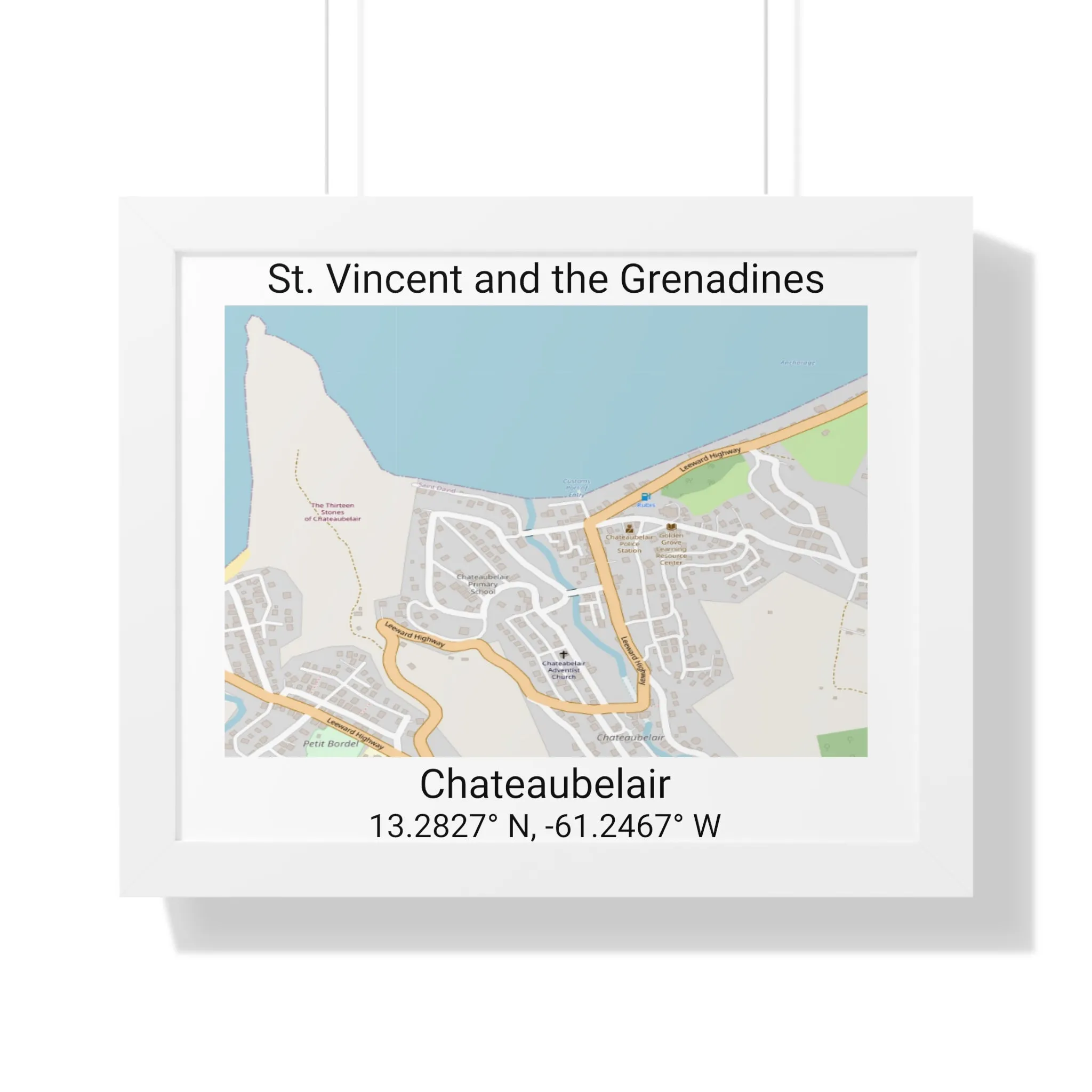 Chateaubelair St. Vincent and the Grenadines Map Framed Print Poster, City Map Print Poster, Framed Vertical Poster Framed Horizontal Poster