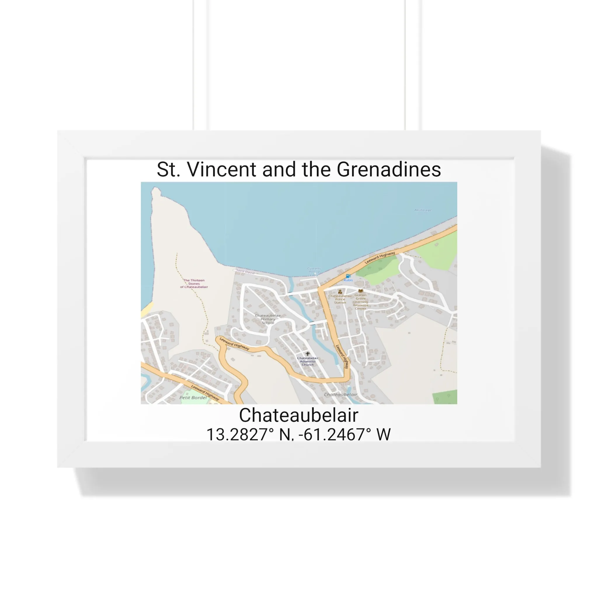 Chateaubelair St. Vincent and the Grenadines Map Framed Print Poster, City Map Print Poster, Framed Vertical Poster Framed Horizontal Poster