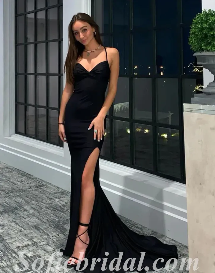 Copy of Sexy Black Satin Spaghetti Straps V-Neck Side Slit A-Line Long Prom Dresses,SFPD0479