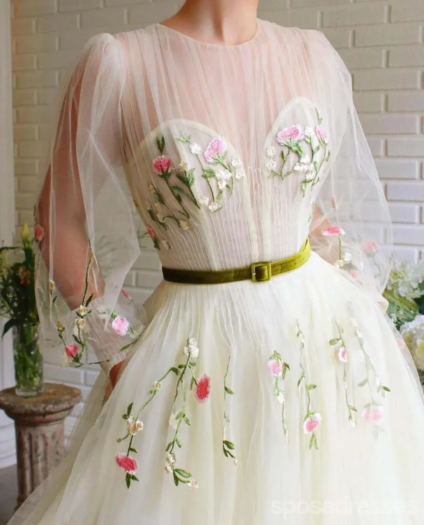 Cute Yellow A-line Long Sleeves V-neck Cheap Prom Dresses Online,12707