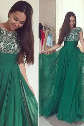 Dark Green Chiffon A-line Prom Dress with Beading, Long Formal Dress, M163