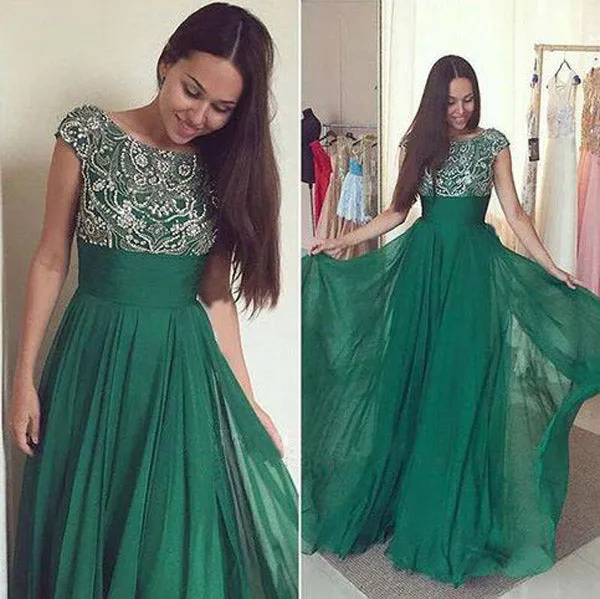 Dark Green Chiffon A-line Prom Dress with Beading, Long Formal Dress, M163