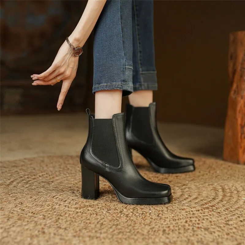 deanwangkt Autumn Boots   NEW Fall Shoes Women Split Leather Boots Square Toe Chunky Heel Shoes Solid Platform Modern Boots Eengent Super High Heel Boots